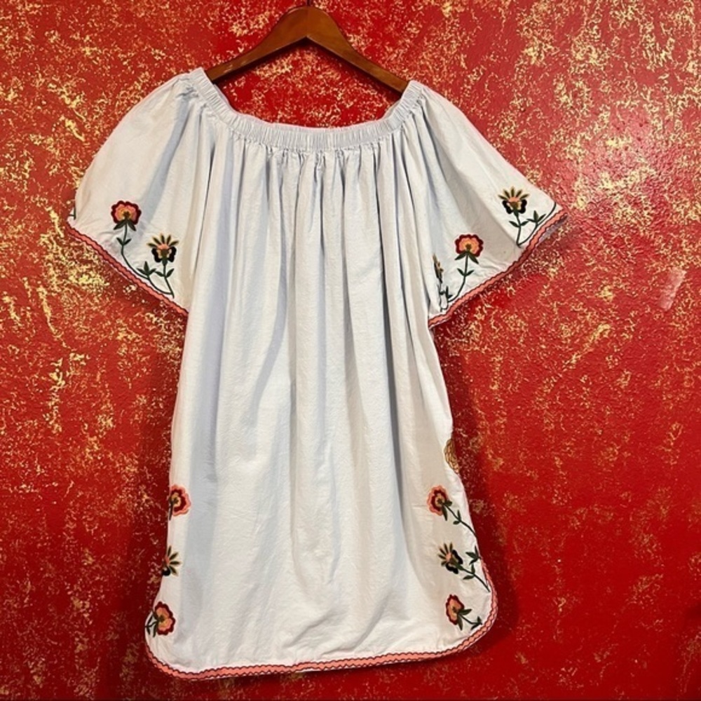 ZARA Embroidered Baby Blue Off Shoulder Dress Tunic XS